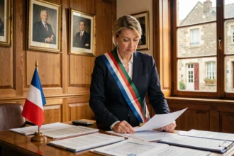 Femme maire portant l'écharpe tricolore dans un bureau de mairie française, illustrant la rémunération des maires selon la taille de la commune