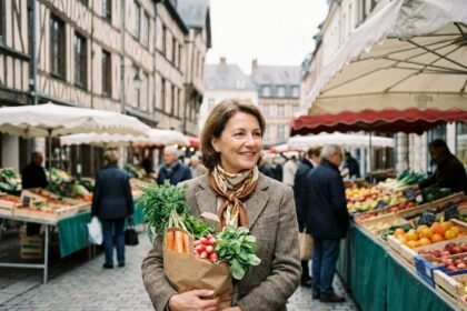Femme souriante portant un sac de légumes à Rouen