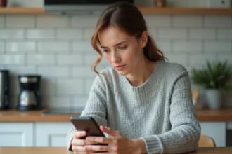 Femme regardant un numéro de téléphone inconnu commençant par l'indicatif 41 sur son smartphone dans une cuisine moderne