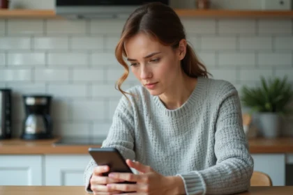 Femme regardant un numéro de téléphone inconnu commençant par l'indicatif 41 sur son smartphone dans une cuisine moderne