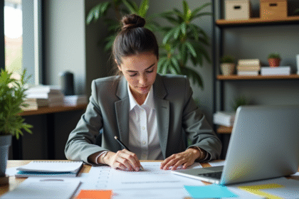 Femme concentrée planifiant avec papiers et ordinateur