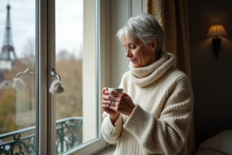 Femme française vérifiant sa montre près de la fenêtre avec la Tour Eiffel
