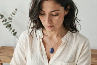 Femme portant un pendentif en pierre bleue lapis-lazuli sur collier en argent, posé sur une blouse en lin crème dans un intérieur minimaliste