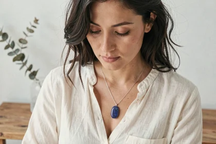 Femme portant un pendentif en pierre bleue lapis-lazuli sur collier en argent, posé sur une blouse en lin crème dans un intérieur minimaliste