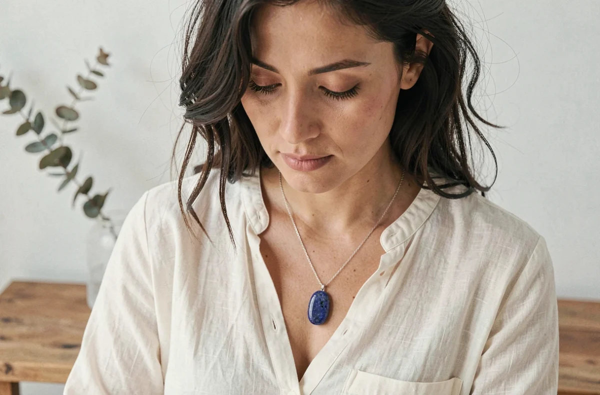 Femme portant un pendentif en pierre bleue lapis-lazuli sur collier en argent, posé sur une blouse en lin crème dans un intérieur minimaliste