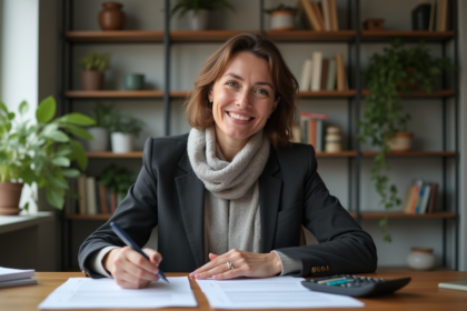Femme professionnelle en bureau moderne avec documents