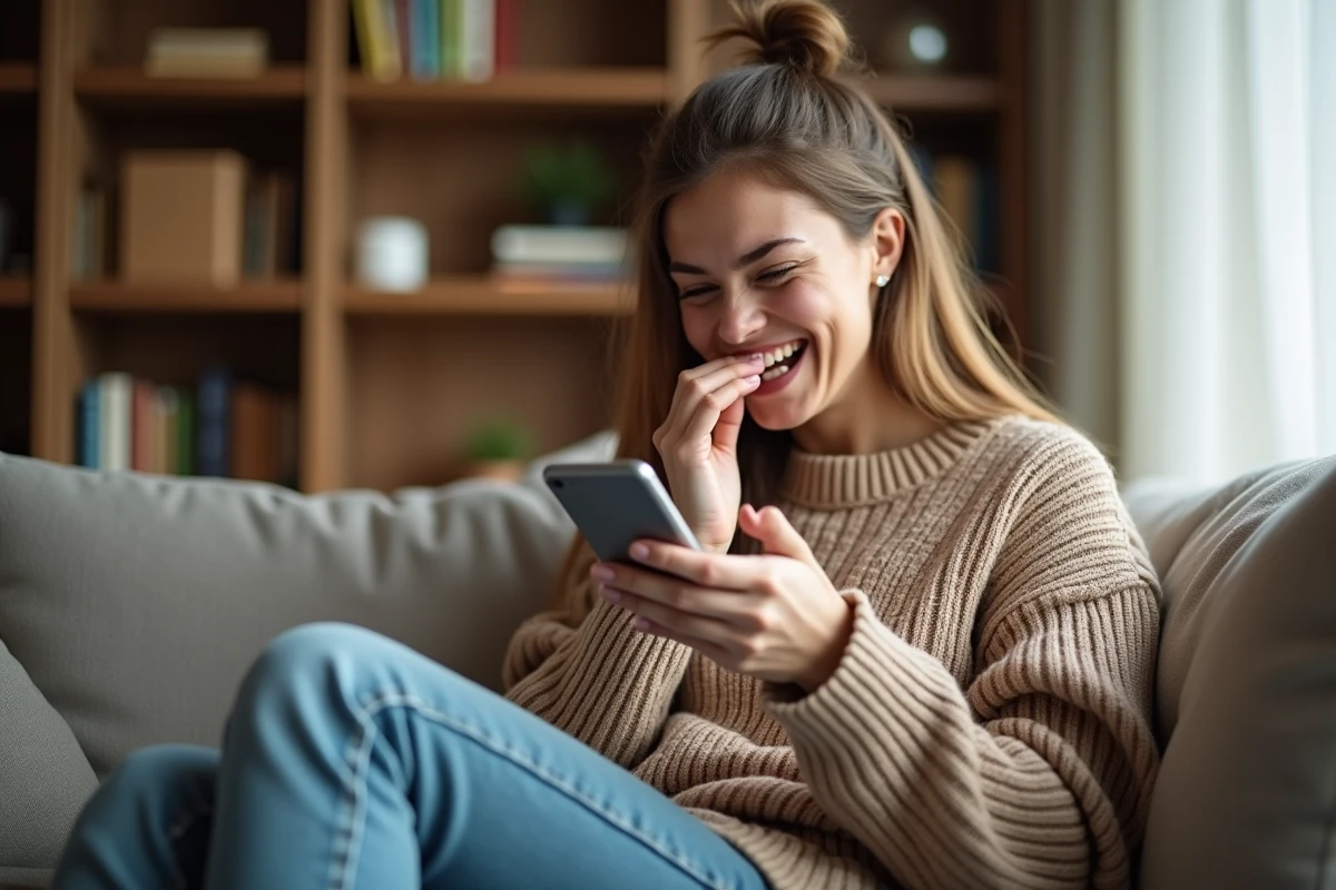 Jeune femme qui rit en lisant une blague débile reçue par SMS sur son canapé
