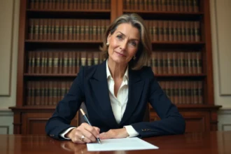 Femme rédigeant une lettre formelle au préfet avec une plume sur un bureau administratif en bois