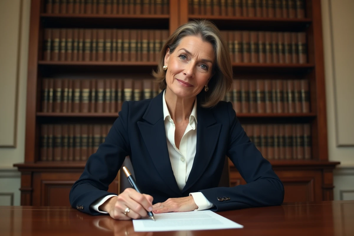 Femme rédigeant une lettre formelle au préfet avec une plume sur un bureau administratif en bois