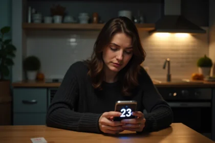 Femme pensante regardant une horloge digitale le soir