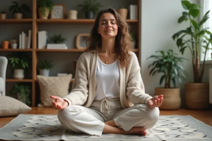 Femme assise en relaxation dans un salon cosy