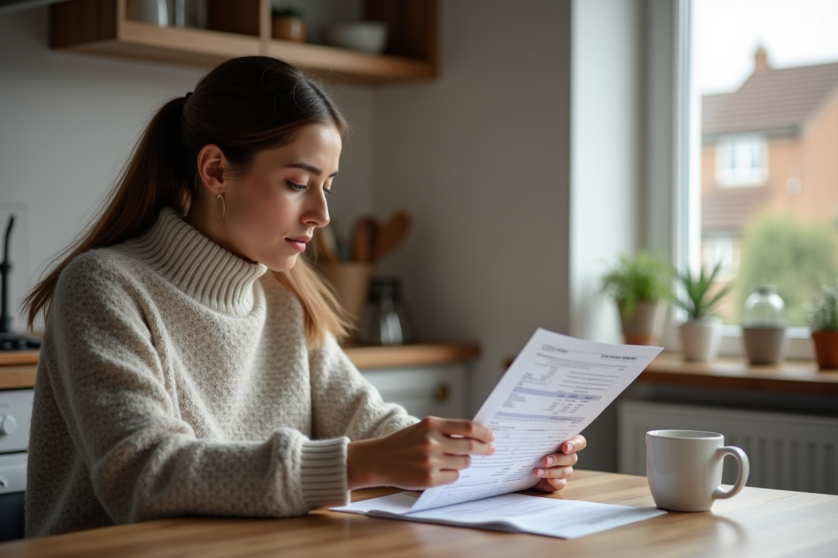 Jeune femme examinant une estimation financière à la maison