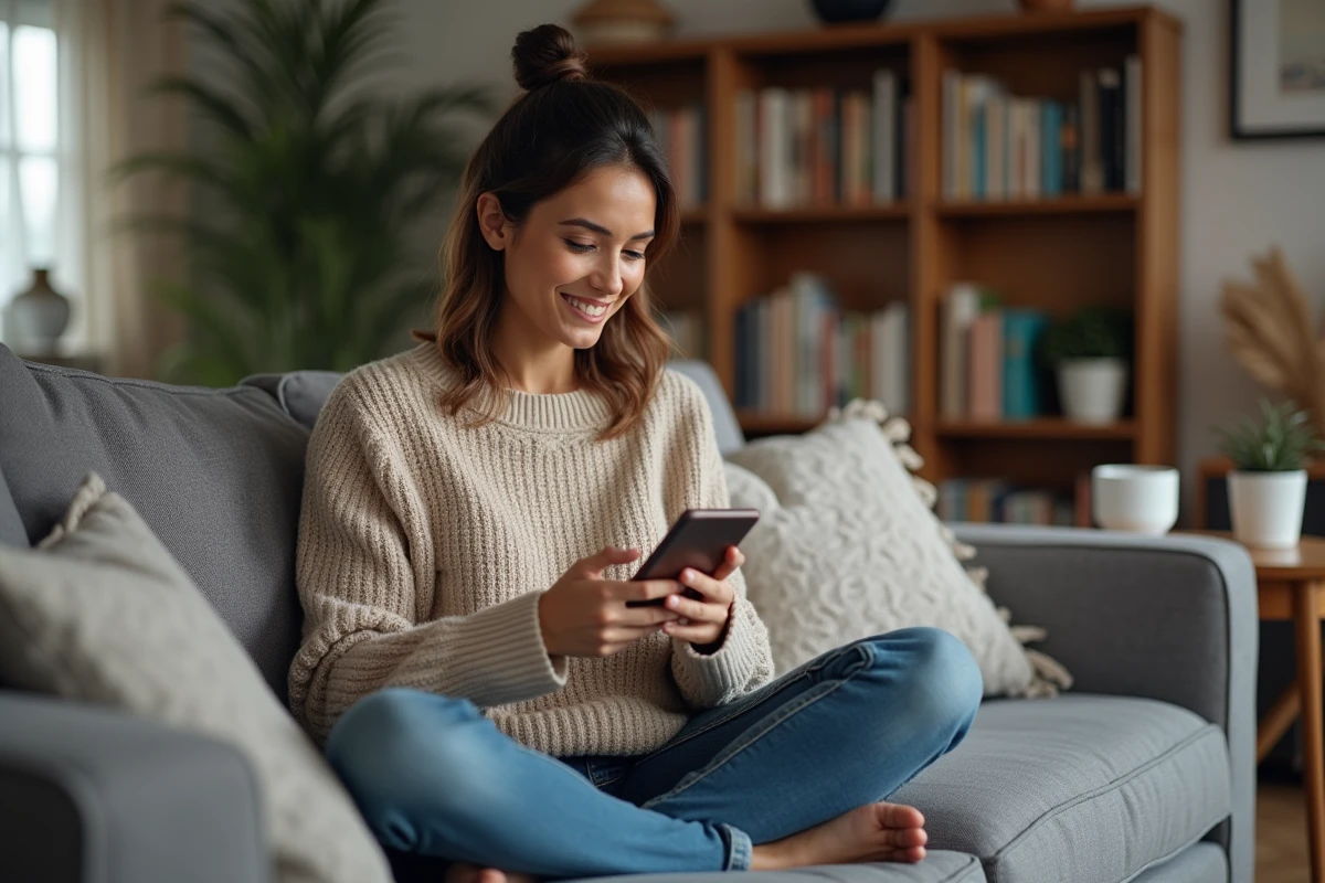 Femme détendue dans un salon moderne avec smartphone