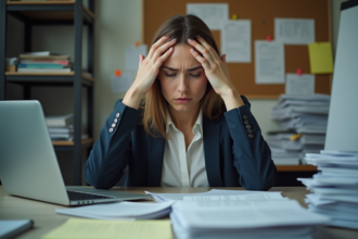 Femme stressée au bureau désorganise avec papiers et notes