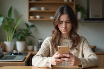 Jeune femme perplexe regardant son smartphone dans la cuisine