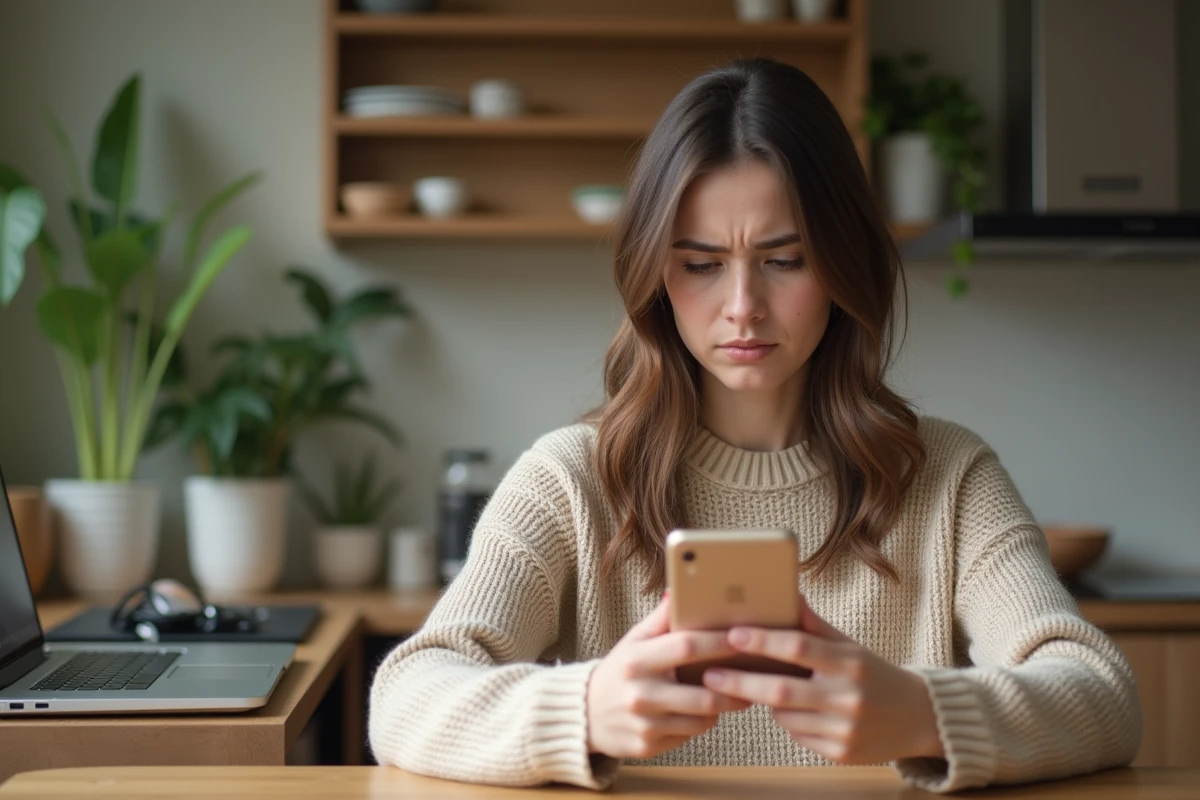 Jeune femme perplexe regardant son smartphone dans la cuisine