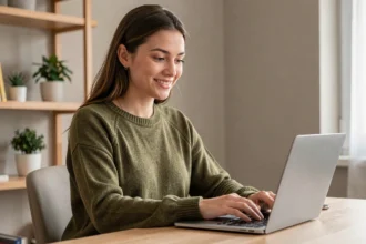 Jeune femme utilisant un chat en ligne en toute sécurité depuis son bureau à domicile