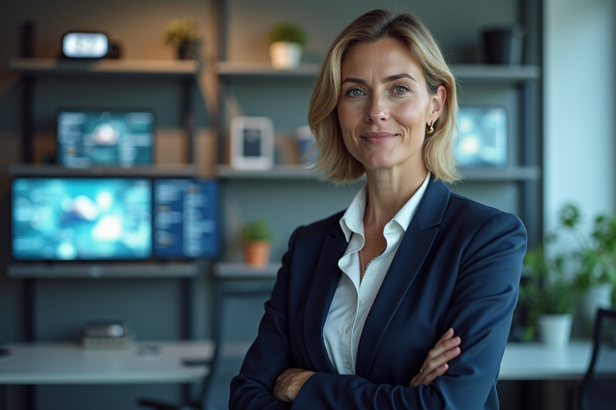 Femme en blazer dans un laboratoire de metaverse