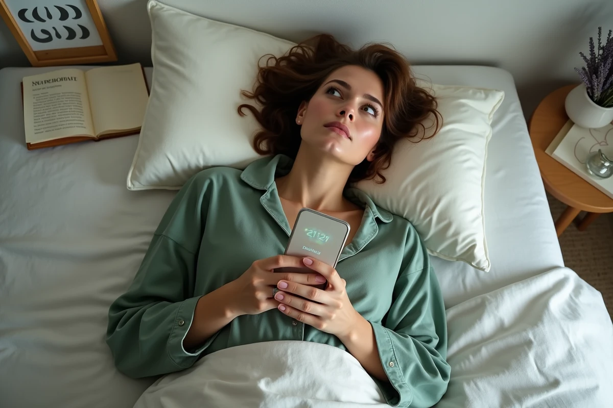 Jeune femme allongée sur son lit regardant son téléphone afficher 21h21 dans une chambre apaisante décorée de symboles spirituels