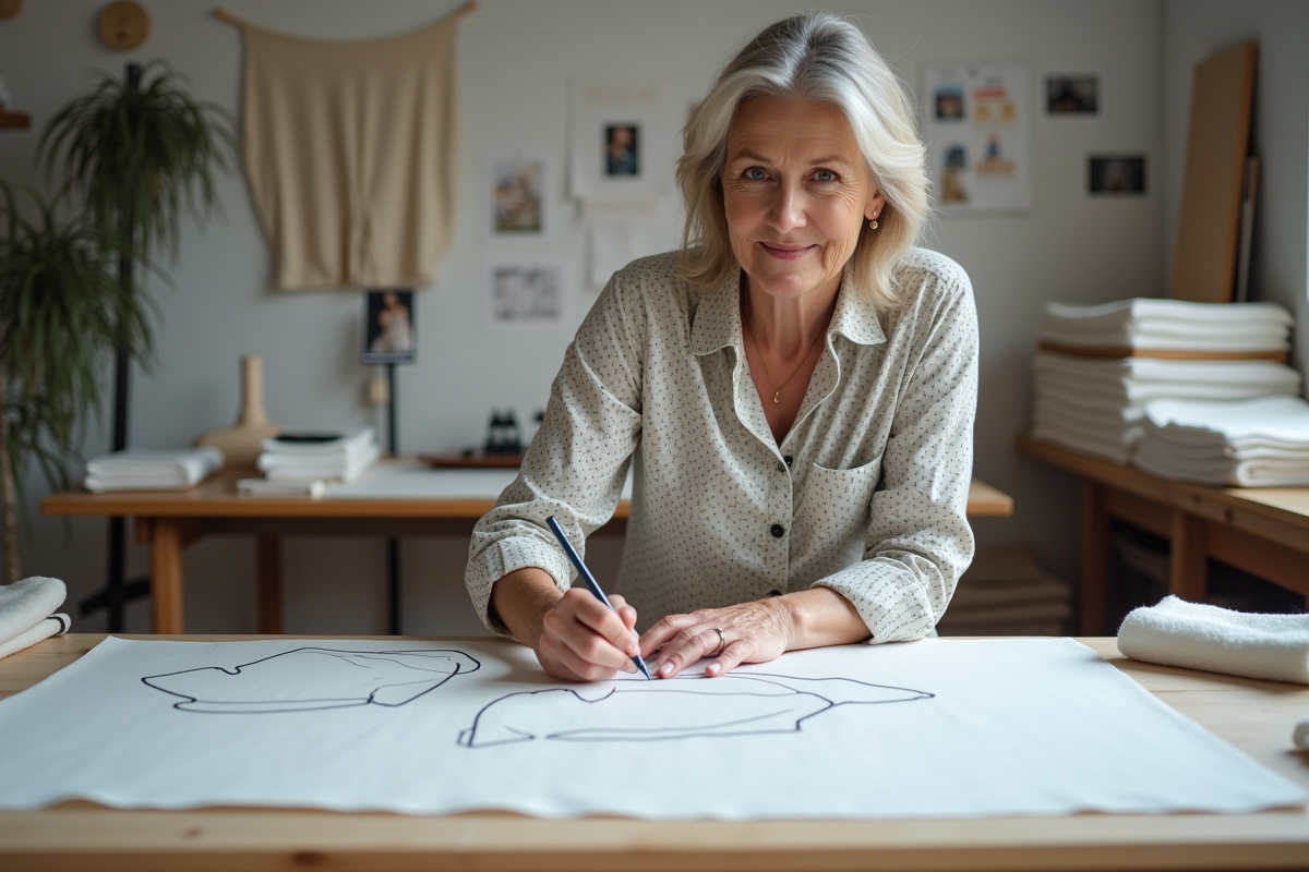 Femme traçant des contours sur du coton dans un studio de couture