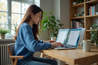 Jeune femme compare deux laptops dans un bureau lumineux