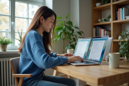 Jeune femme compare deux laptops dans un bureau lumineux