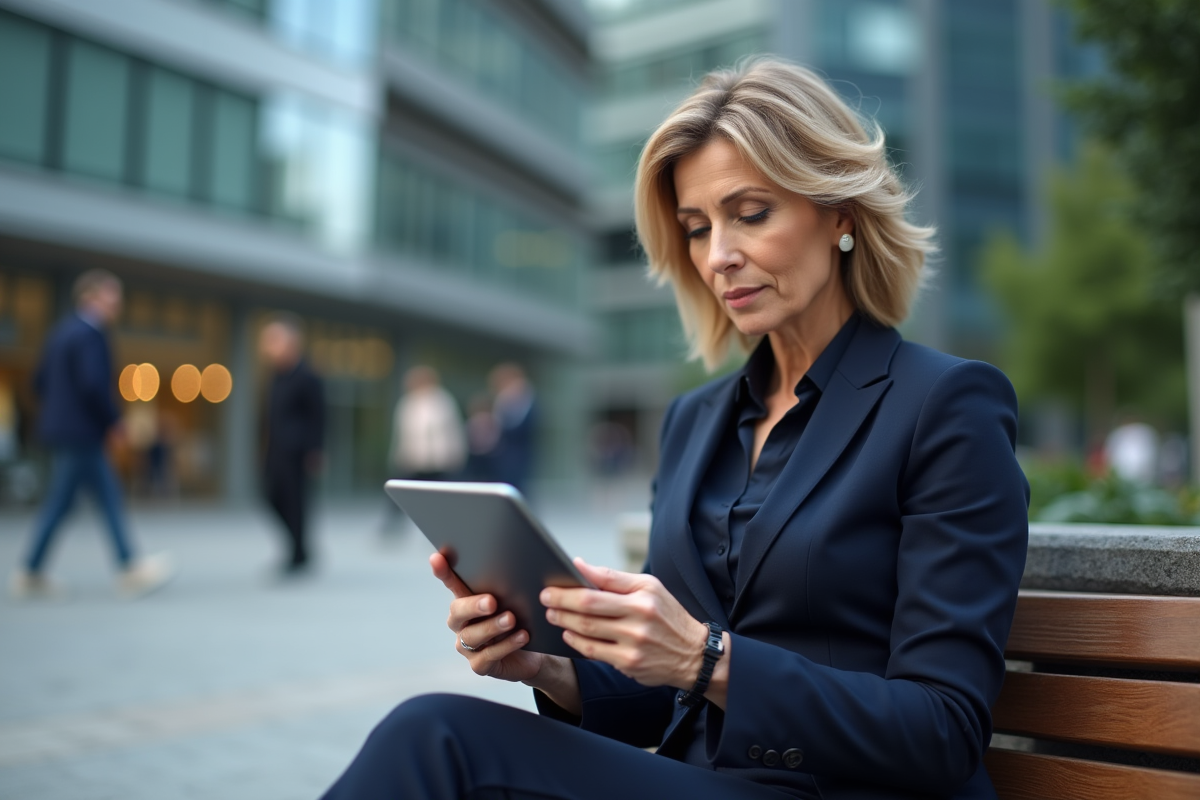 Femme d affaires utilisant une tablette dans un espace urbain
