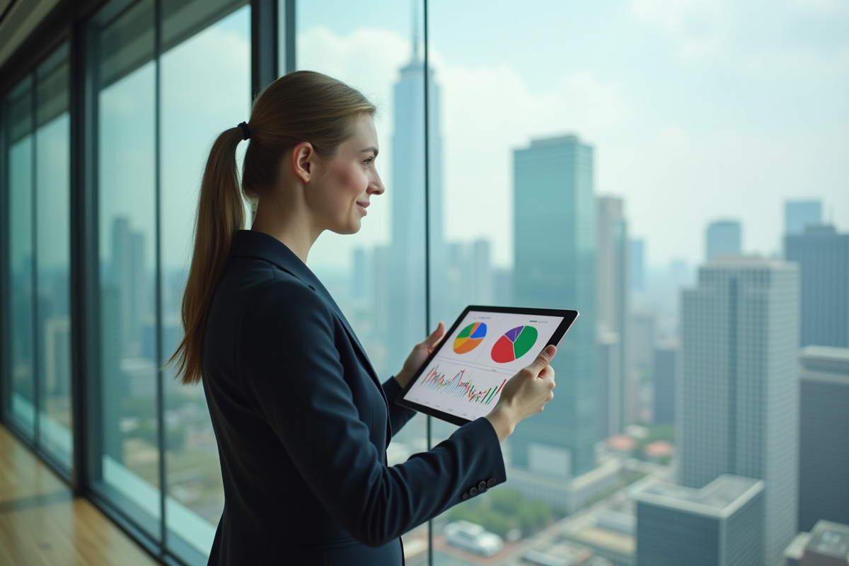 Jeune femme regardant la ville avec une tablette en main