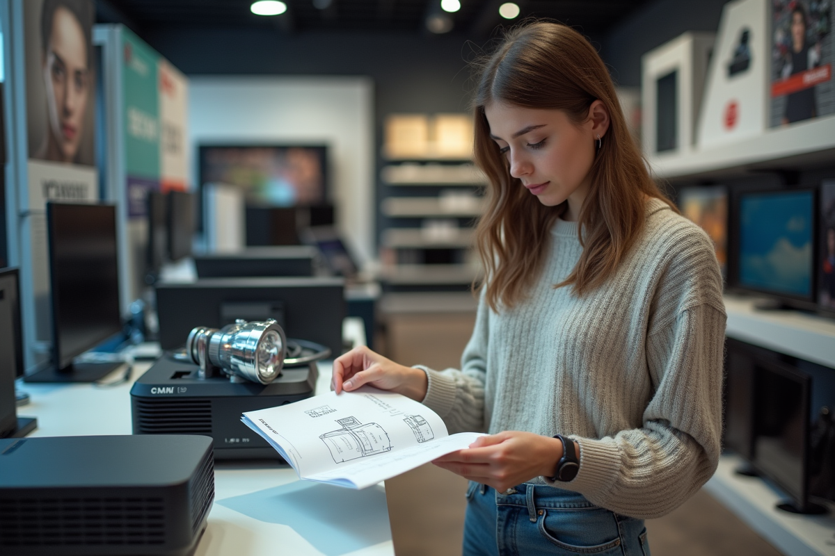 Jeune femme vérifiant une lampe de projecteur en magasin