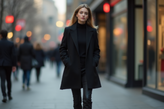 Jeune femme en manteau noir dans une rue urbaine moderne