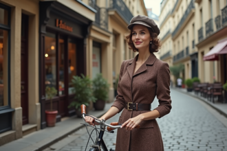 Femme en robe 1940s avec vélo dans une rue parisienne
