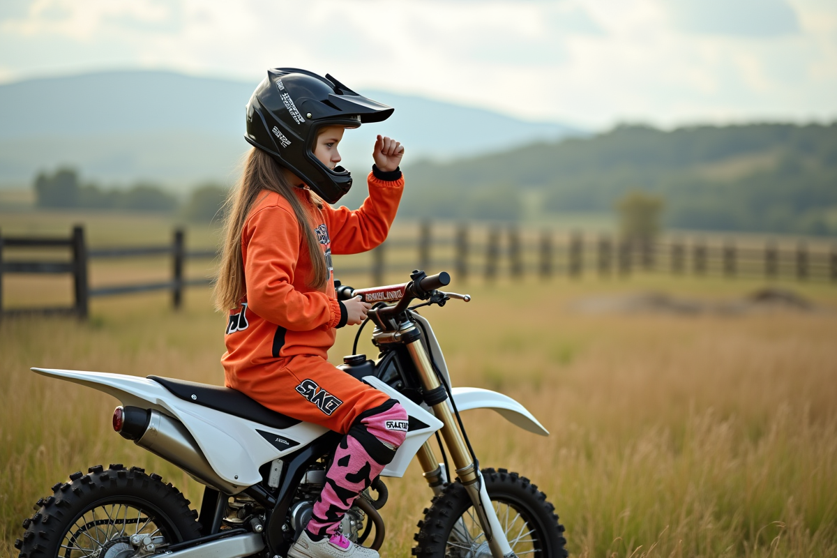 Fille de 14 ans ajustant son casque sur moto en campagne