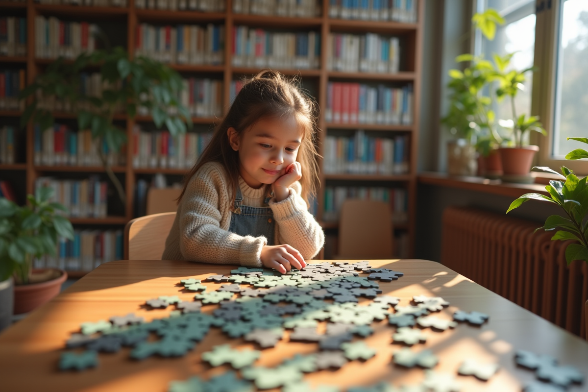 Jeune fille assemble un puzzle dans une bibliothèque lumineuse