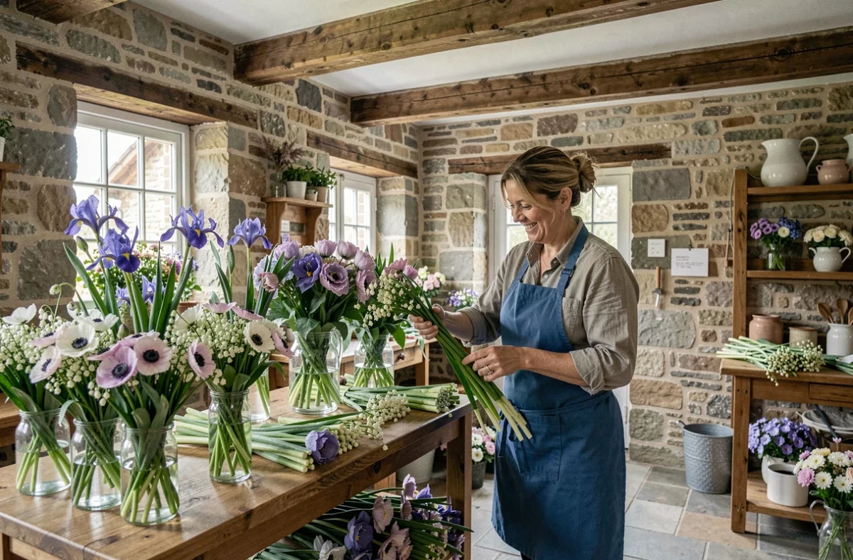 Intérieur champêtre de Fleurs De Salm à Senones avec iris et muguet arrangés sur une table en chêne