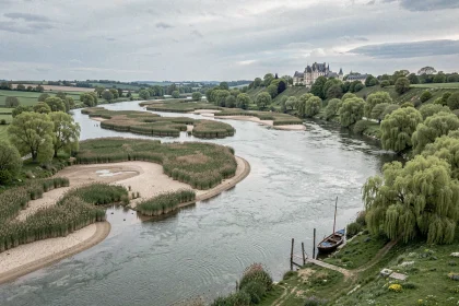 Vue panoramique du fleuve Loire serpentant dans la vallée avec un château médiéval en arrière-plan et des bancs de sable au premier plan
