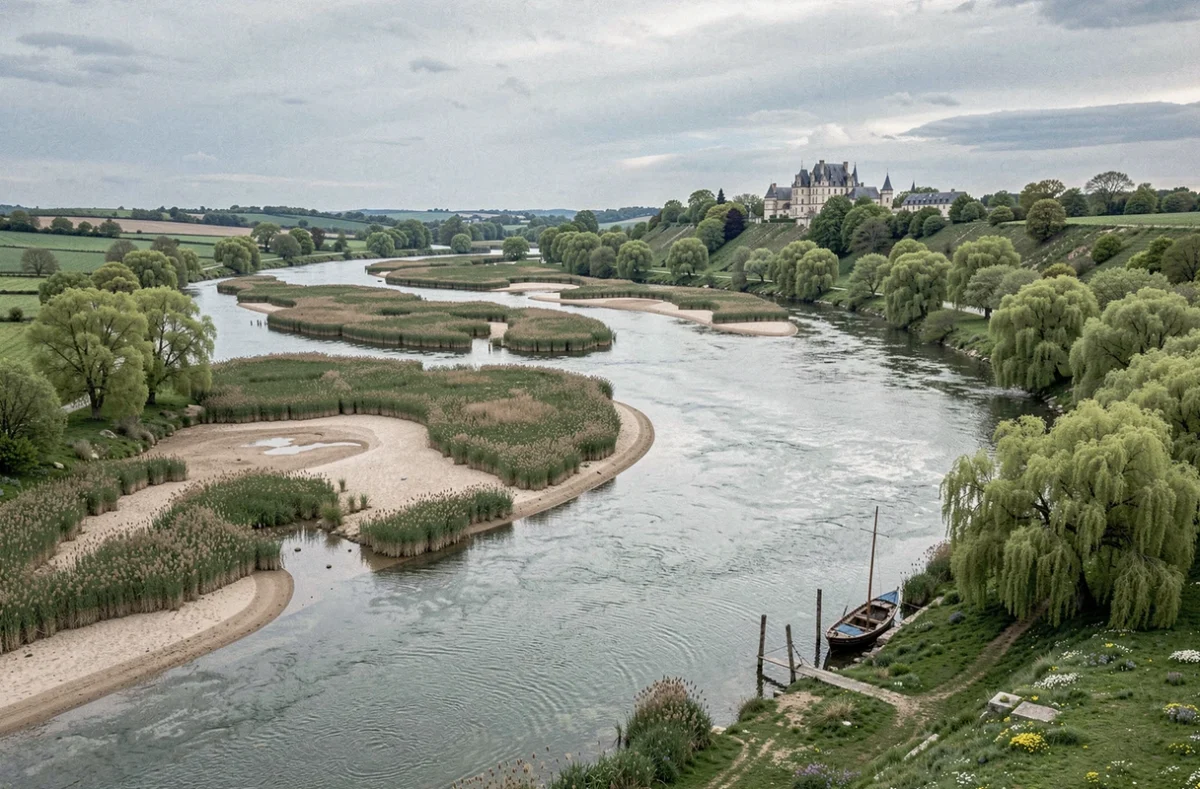 Vue panoramique du fleuve Loire serpentant dans la vallée avec un château médiéval en arrière-plan et des bancs de sable au premier plan
