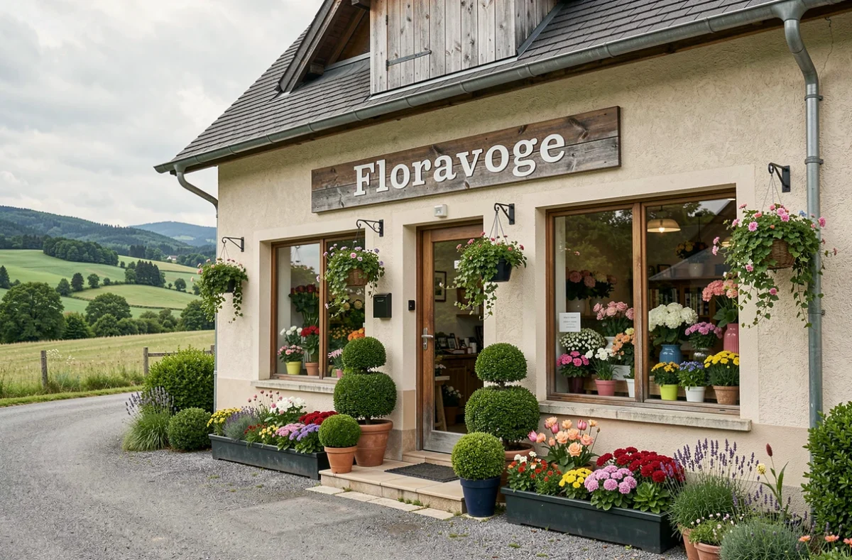 Façade de Floravoge SAS à Dounoux avec des compositions florales dans les vitrines et la campagne vosgienne en arrière-plan