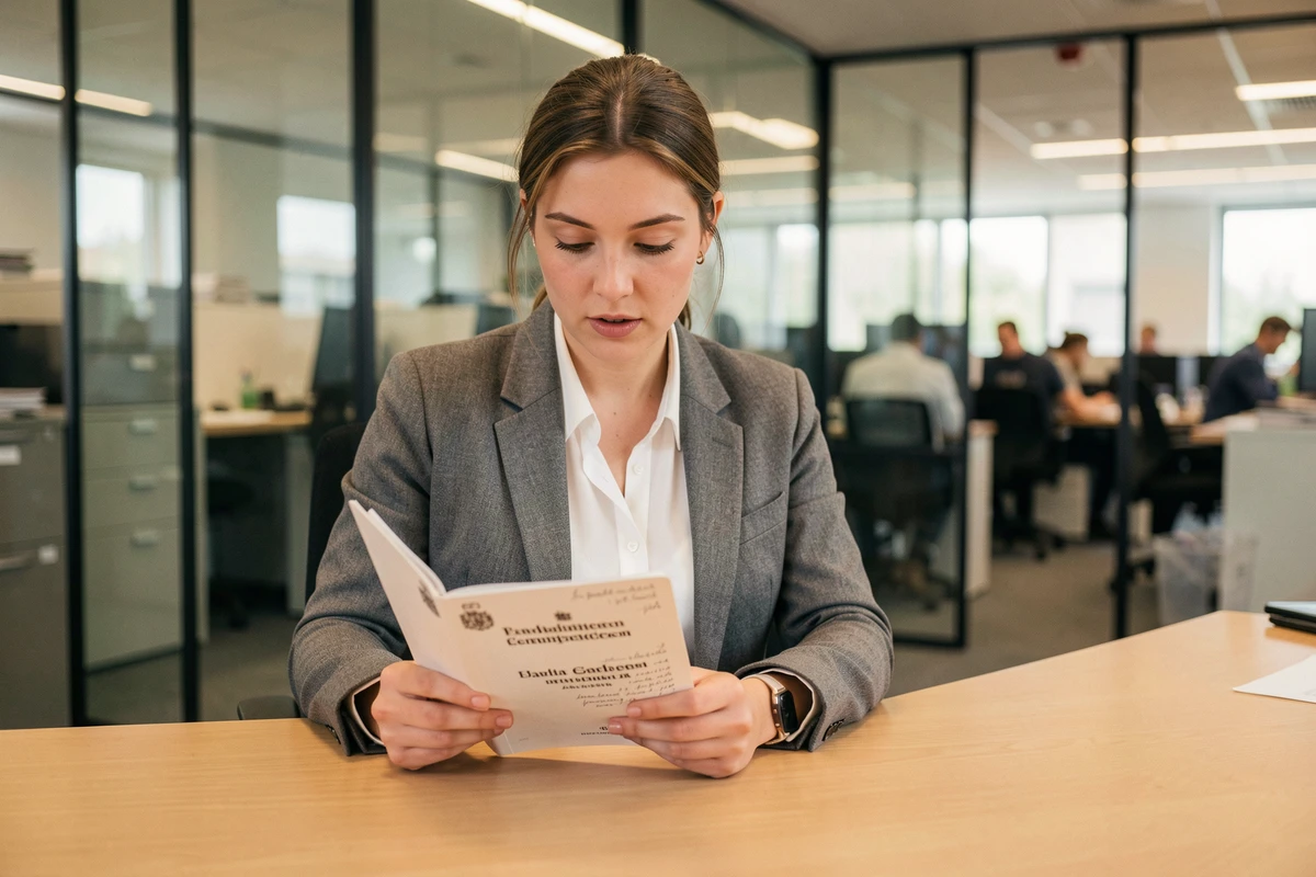 Femme fonctionnaire lisant la constitution d'un Land allemand dans un bureau administratif régional en Bavière