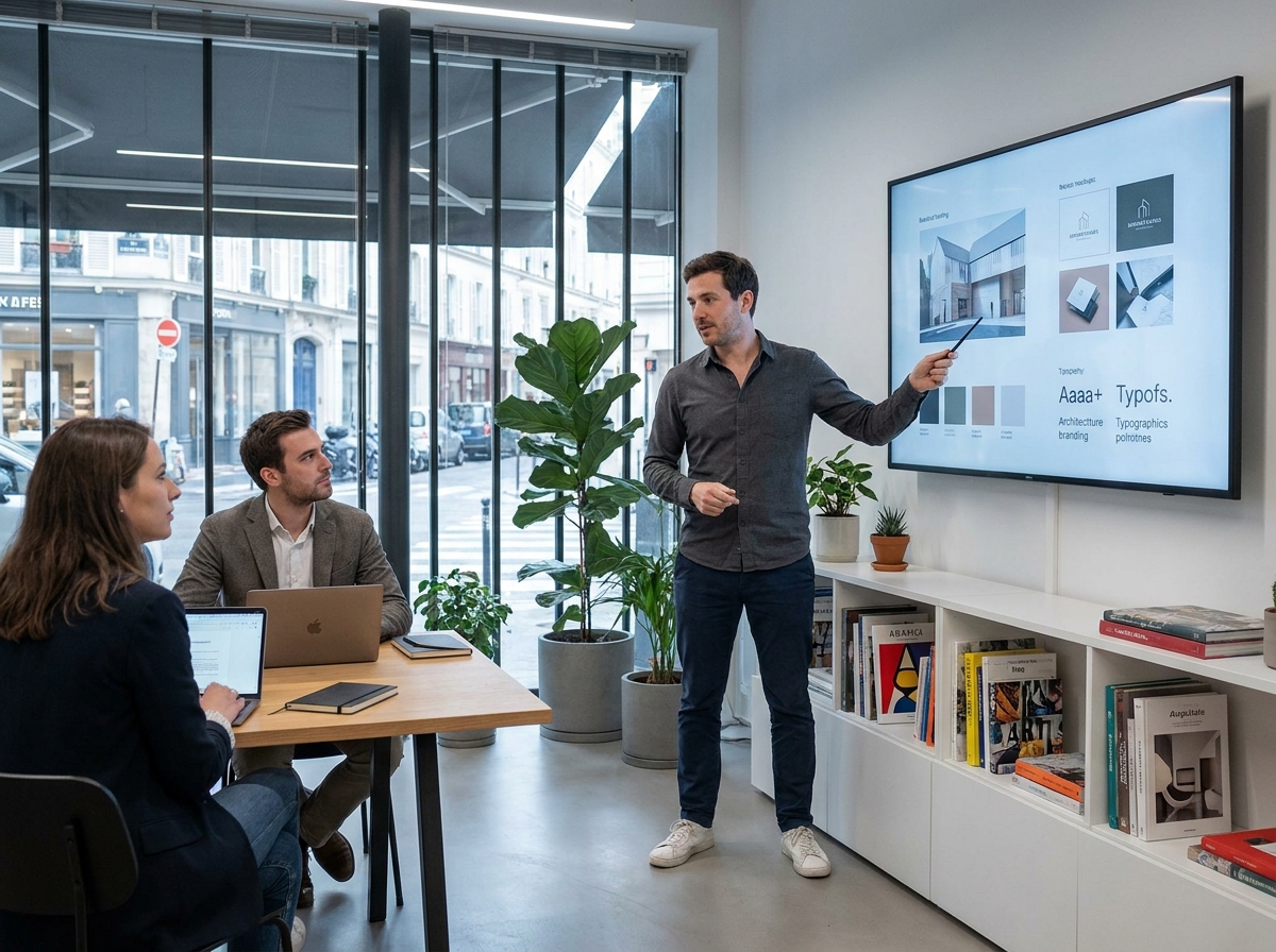 Formateur en design graphique présentant un projet de branding à des collègues dans un co-working parisien
