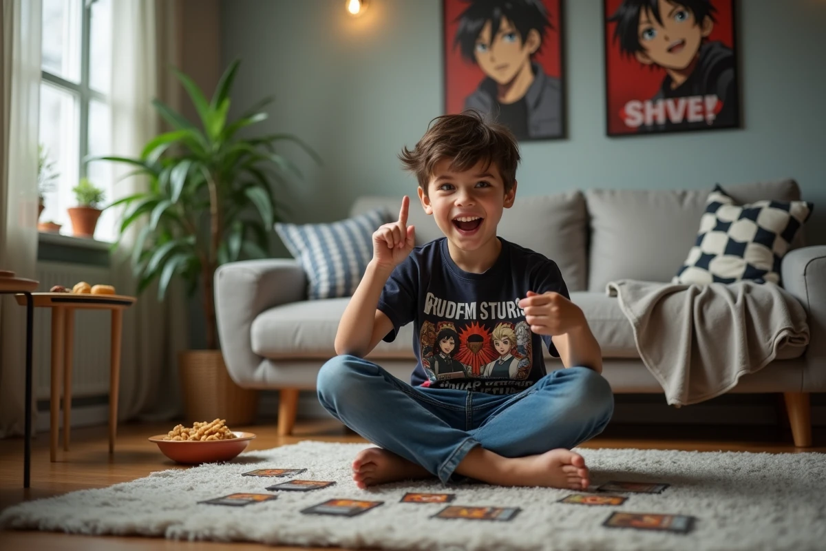 Adolescent jouant avec des cartes de jeu anime dans le salon
