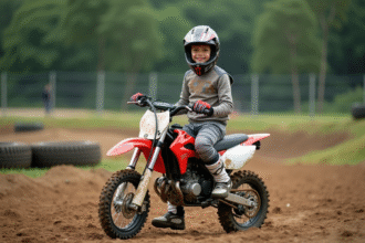 Garçon de 12 ans en équipement motocross avec moto sur circuit
