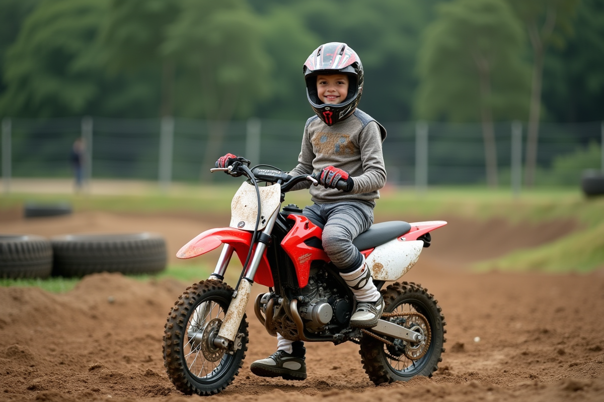 Garçon de 12 ans en équipement motocross avec moto sur circuit