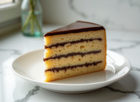 Gâteau opera glacé sur assiette en porcelaine lumineuse