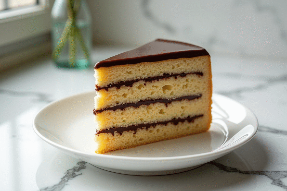 Gâteau opera glacé sur assiette en porcelaine lumineuse