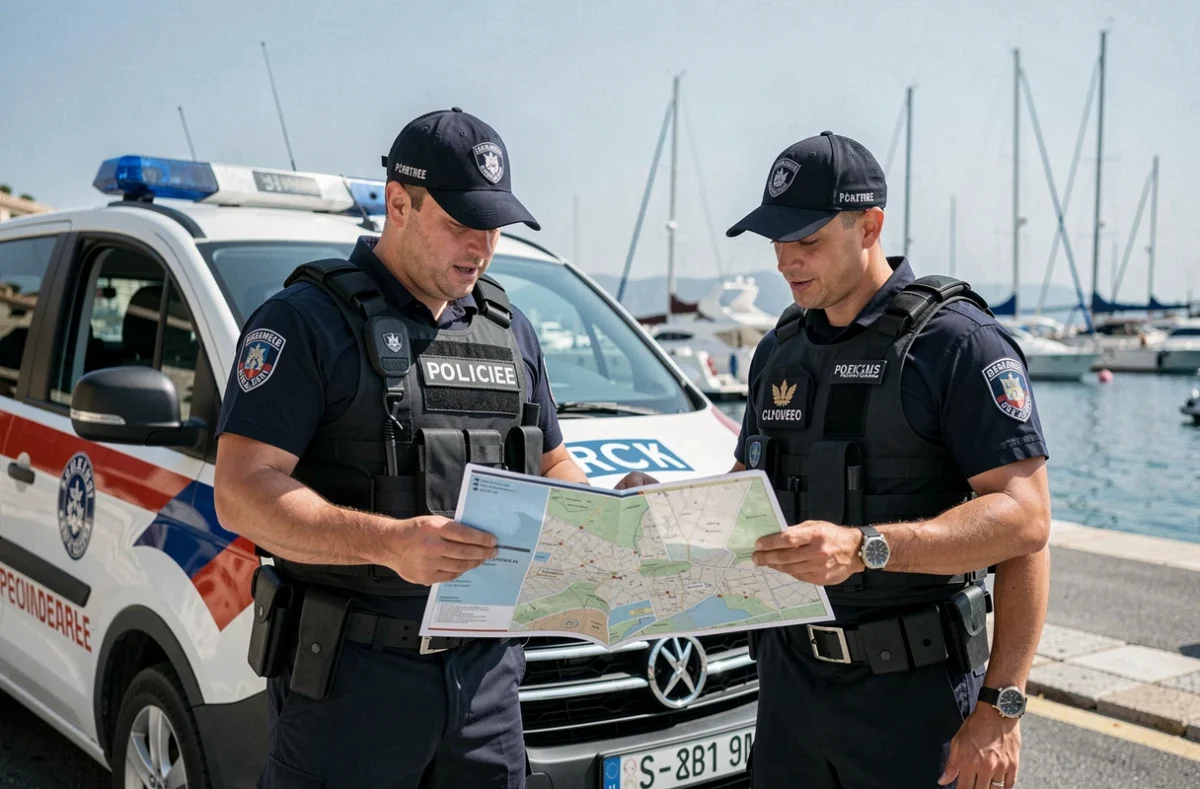 Gendarmes français consultant un plan de sécurité près du vieux port de Cannes à côté d'un véhicule d'intervention d'urgence