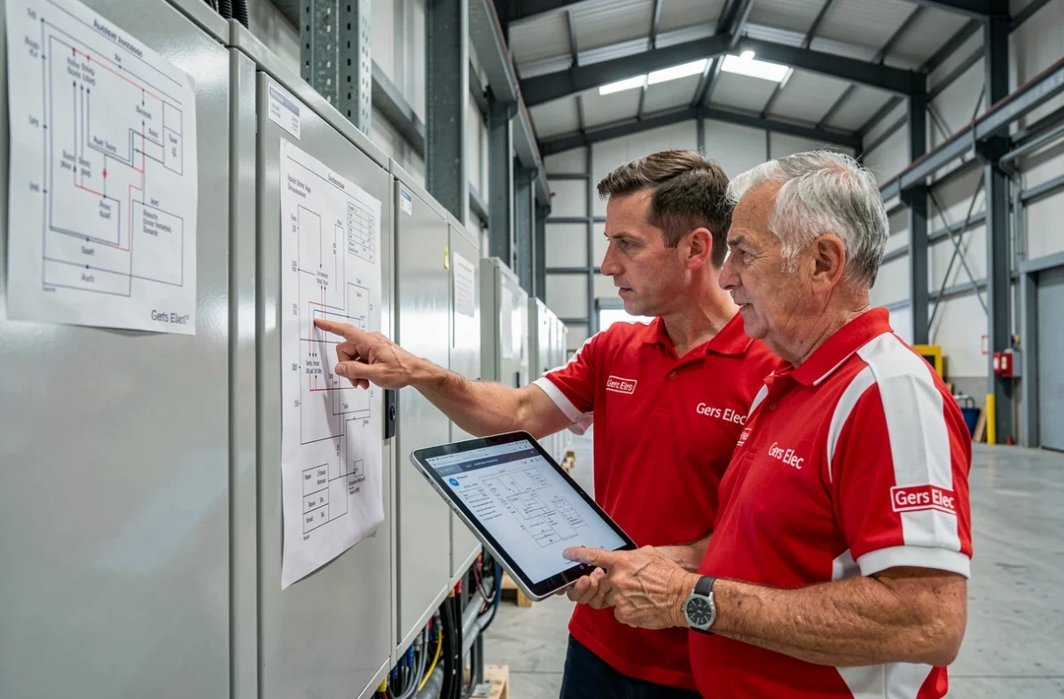 Deux électriciens de Gers Elec travaillant sur un tableau électrique industriel dans un entrepôt près d'Auch