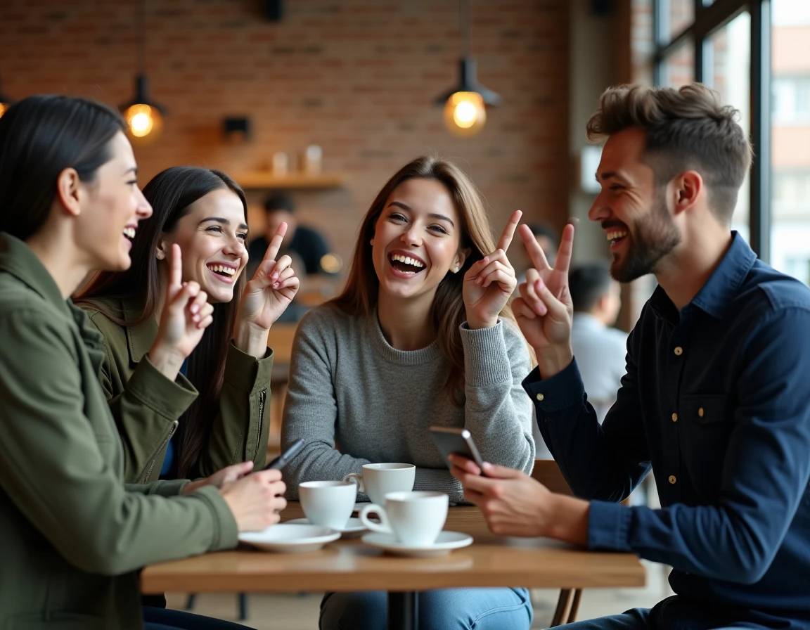 Groupe d'amis dans un café croisant les doigts ensemble en riant, symbolisant l'usage collectif et social de l'emoji sur les réseaux en 2026
