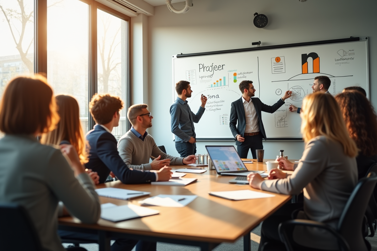 Groupe diversifié en brainstorming autour d un tableau blanc