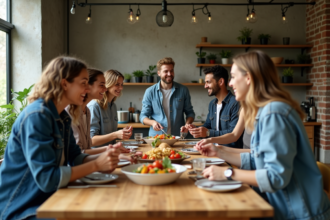 Groupe de jeunes adultes préparant un repas dans une cuisine lumineuse