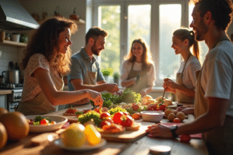 Groupe de personnes partageant un repas dans une cuisine lumineuse